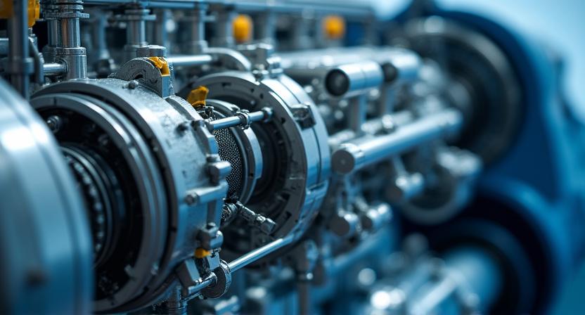 Close up of high-tech marine engine and propulsion system