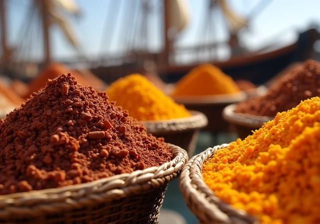 A traditional spice market overlooking a historic harbor