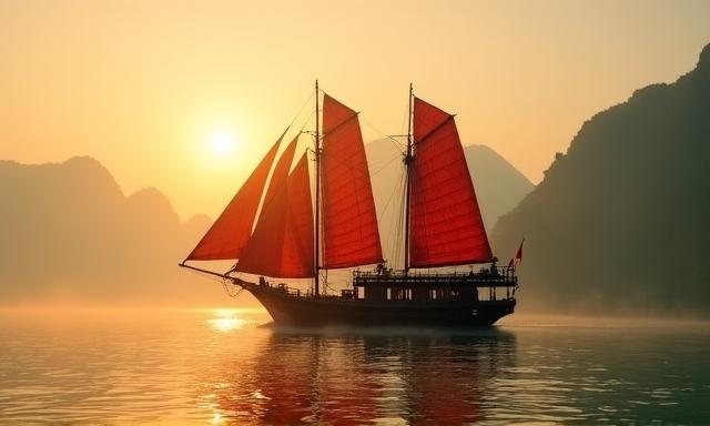 Classic Chinese junk ship in Southeast Asian waters