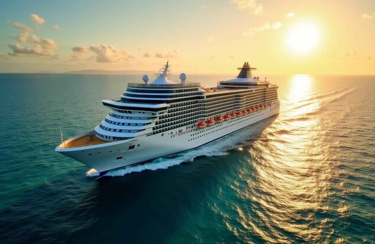 Grand cruise ship on sun-drenched crystal blue waters