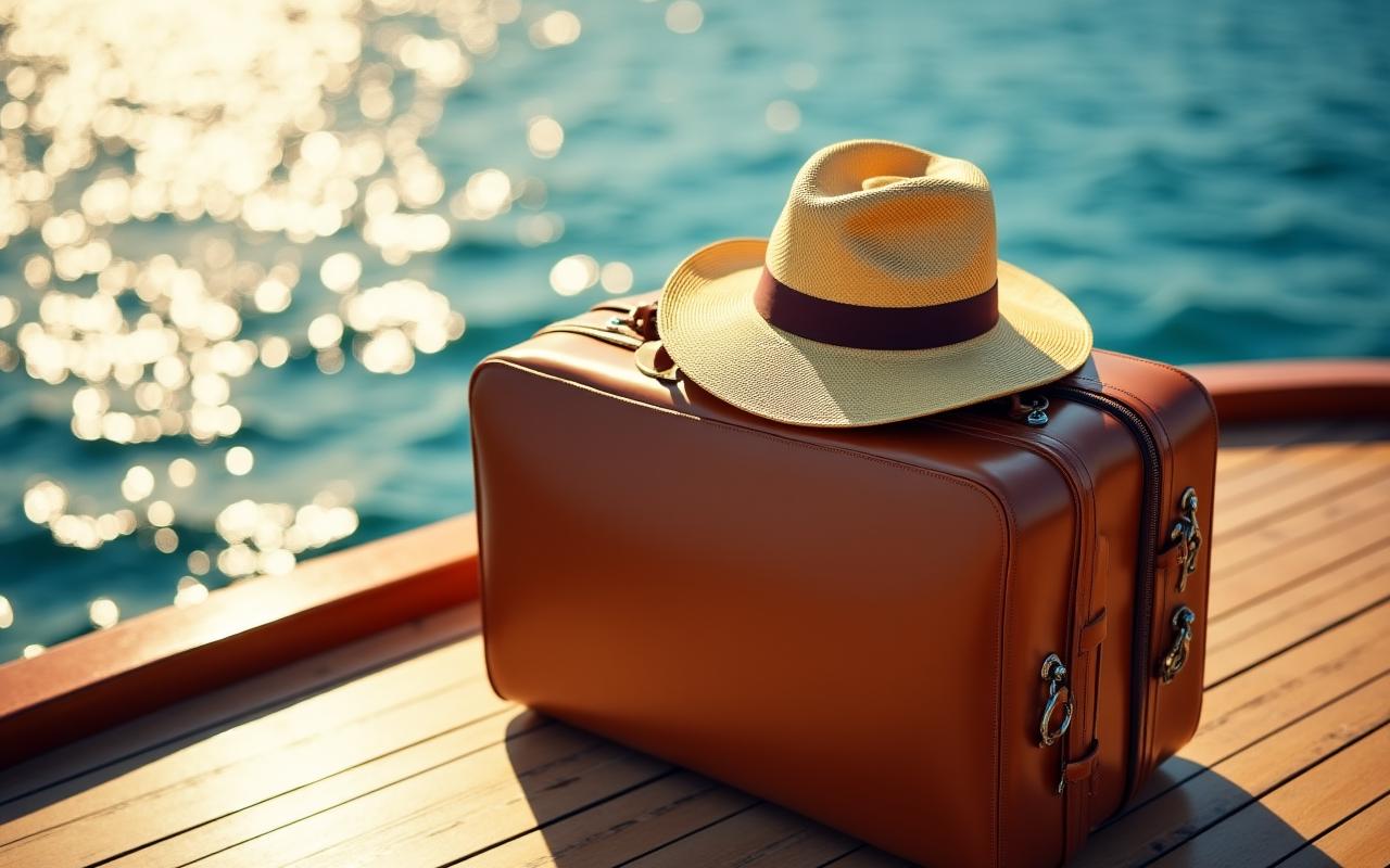Luxury leather luggage on a teak deck with a view of the ocean