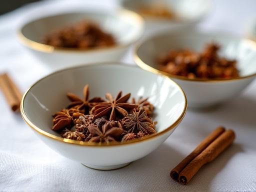 Close up of artisanal spices in wooden bowls on a luxury dinner table