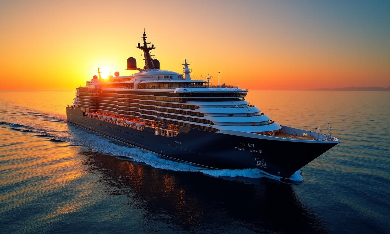 A majestic luxury cruise ship sailing through calm turquoise waters at sunset