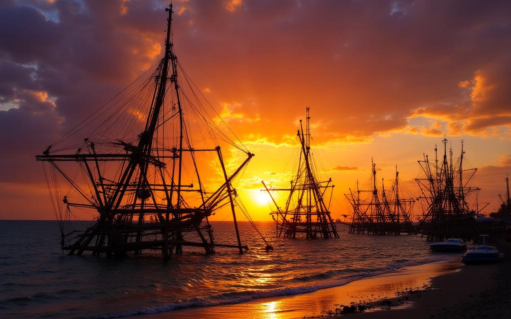 Traditional Chinese fishing nets at sunset in Kochi, India