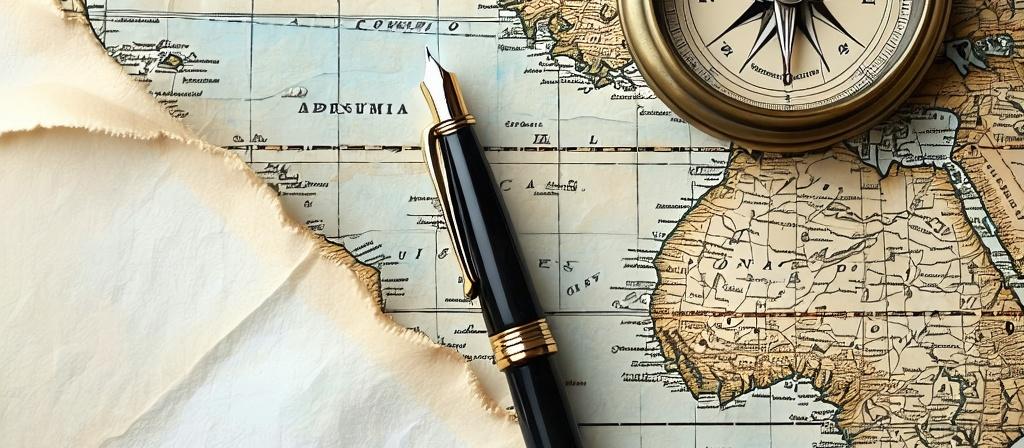Close-up of a vintage nautical map and a fountain pen, symbolizing the signing of a voyage agreement